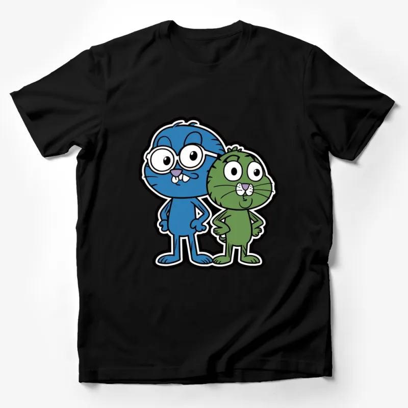 Cute Blue and Green Cartoon Cat Duo T-Shirt, Fun Kids Animated Character Tee, Unique Gift Male T-Shirt