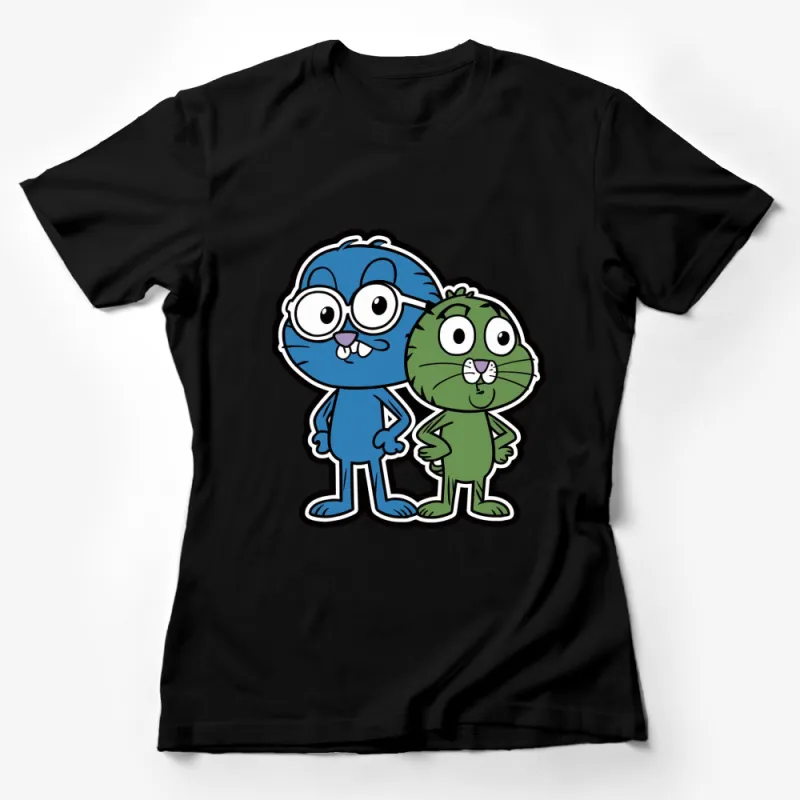 Cute Blue and Green Cartoon Cat Duo T-Shirt, Fun Kids Animated Character Tee, Unique Gift Female T-Shirt