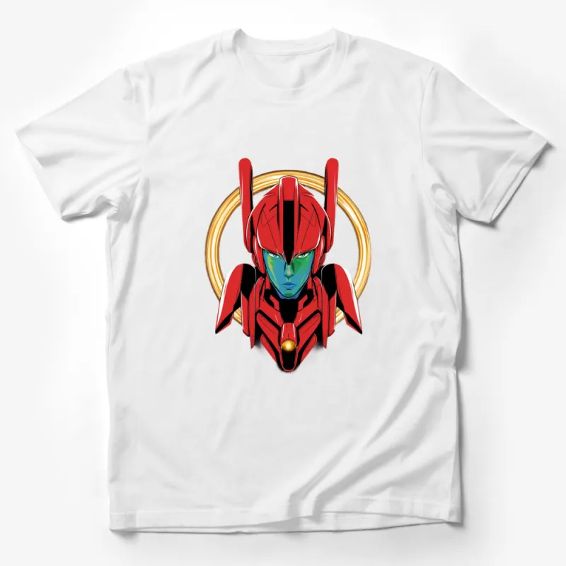 Vibrant Red and Blue Robot Warrior T-Shirt, Unique Sci-Fi Graphic Tee, Unisex T-Shirt Male T-Shirt