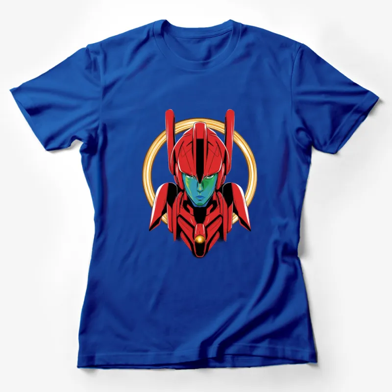 Vibrant Red and Blue Robot Warrior T-Shirt, Unique Sci-Fi Graphic Tee, Unisex T-Shirt Female T-Shirt