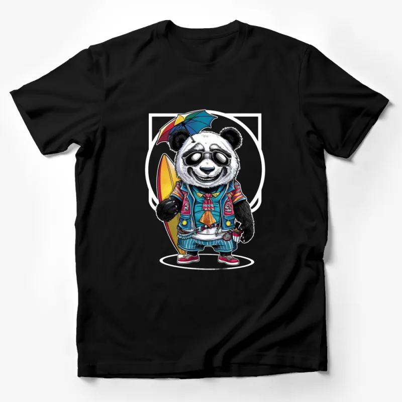 Beach Panda T-Shirt, Cool Surfing Panda with Sunglasses and Surfboard Male T-Shirt