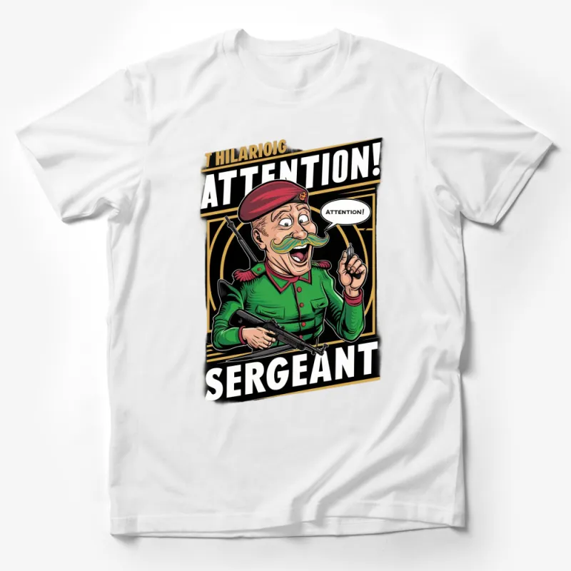 Vintage Attention Sergeant T-Shirt, Hilarious Military Graphic Tee, Bold Comic Style Shirt, Unique Gift for History Buffs Male T-Shirt