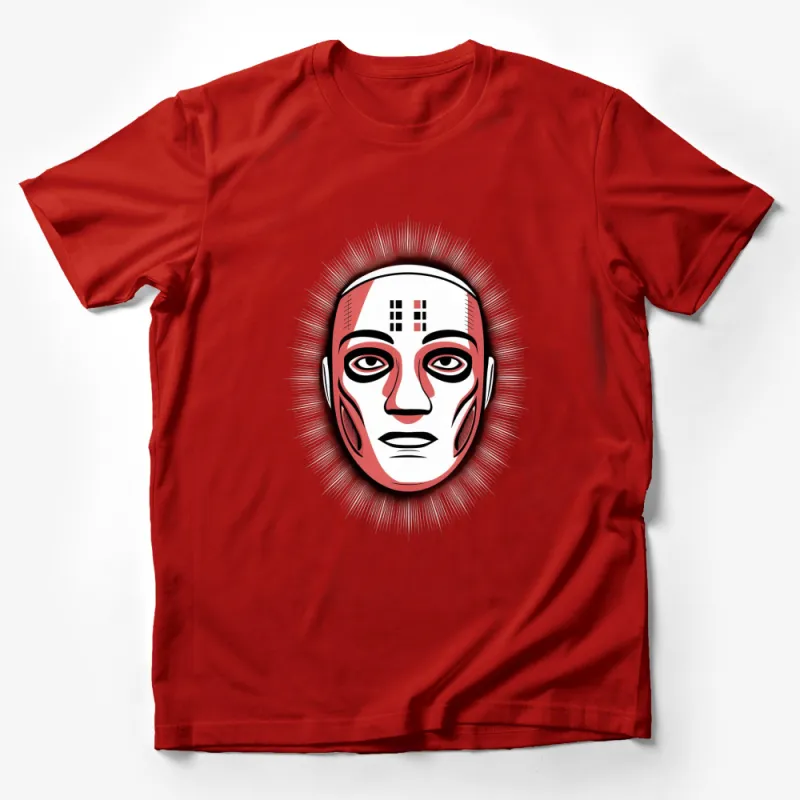 Unique Tribal Face Design T-Shirt, Modern Graphic Tee, Red and White, Urban Streetwear, Unisex Fashion Male T-Shirt