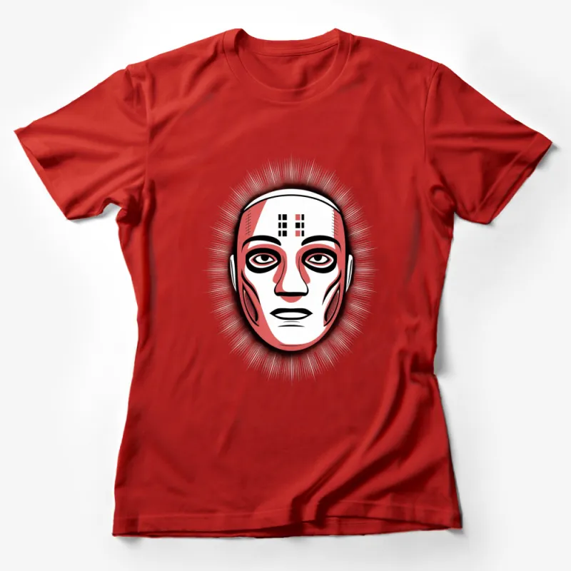 Unique Tribal Face Design T-Shirt, Modern Graphic Tee, Red and White, Urban Streetwear, Unisex Fashion Female T-Shirt