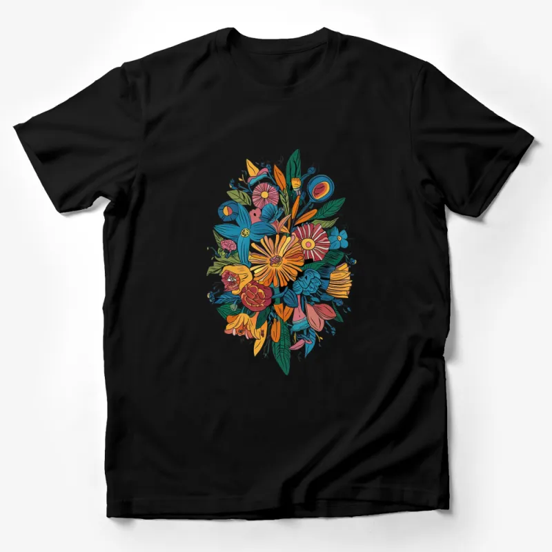 Floral Burst Colorful T-Shirt, Artistic Flowers and Birds Design, Vibrant Nature Inspired Tee for All Seasons Male T-Shirt