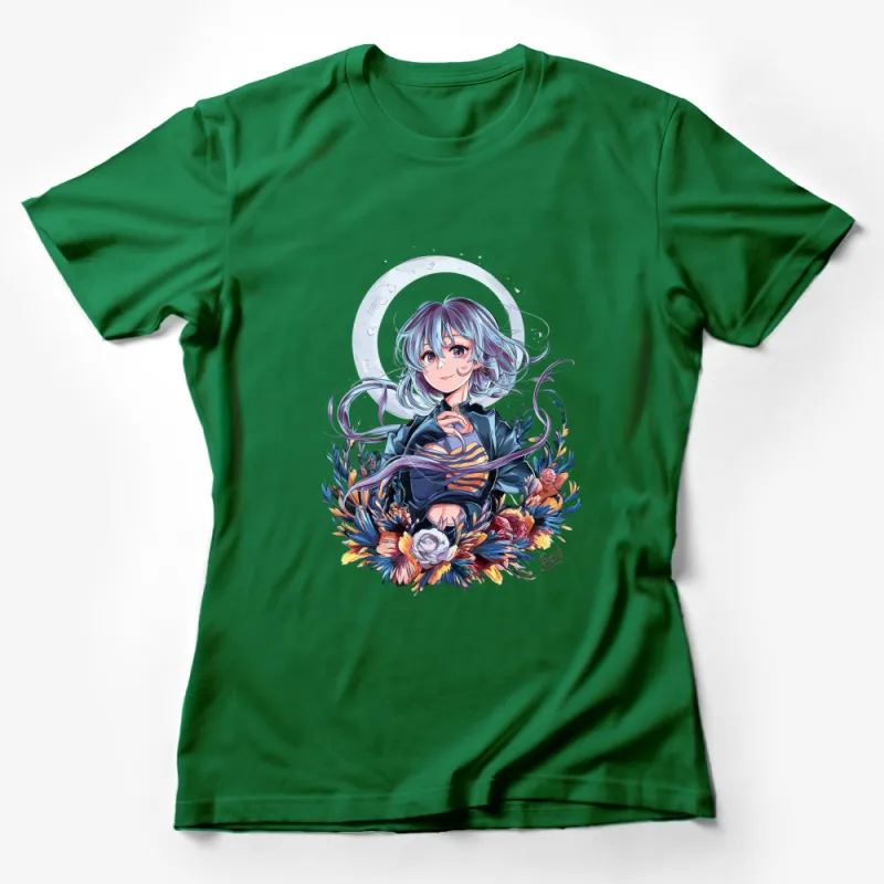 Anime Girl Floral Crescent Moon Graphic T-Shirt, Cute Blue-Haired Character Tee, Stylish Fantasy Art Shirt Female T-Shirt