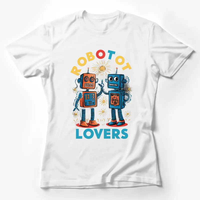 Retro Robot Lovers T-Shirt, Vintage Tech Art, Nostalgic Couple Robots, Fun Geeky Fashion, Unique Graphic Design Top, Casual Wear Female T-Shirt