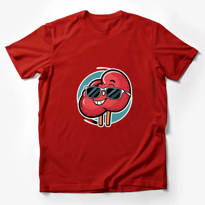 Funky Red Heart Cartoon T-Shirt, Cool Sunglasses Heart Graphic Tee, Fun Summer Wear Male T-Shirt