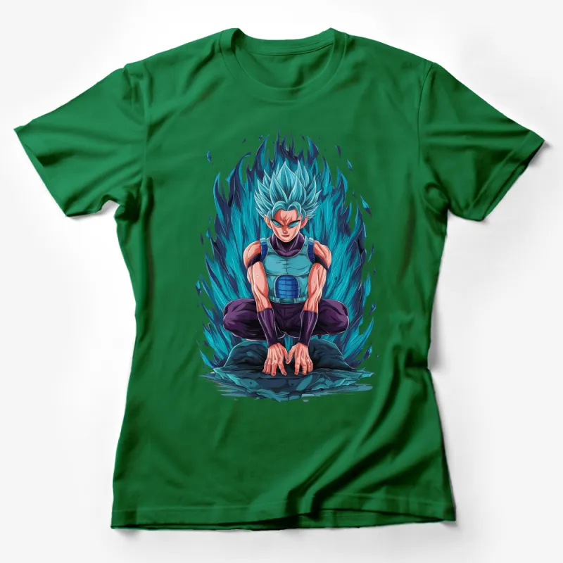 Anime Inspired Blue Flame Warrior T-Shirt, Vibrant Comic Graphic Tee, Unisex Casual Wear, Gift for Anime Fans Female T-Shirt