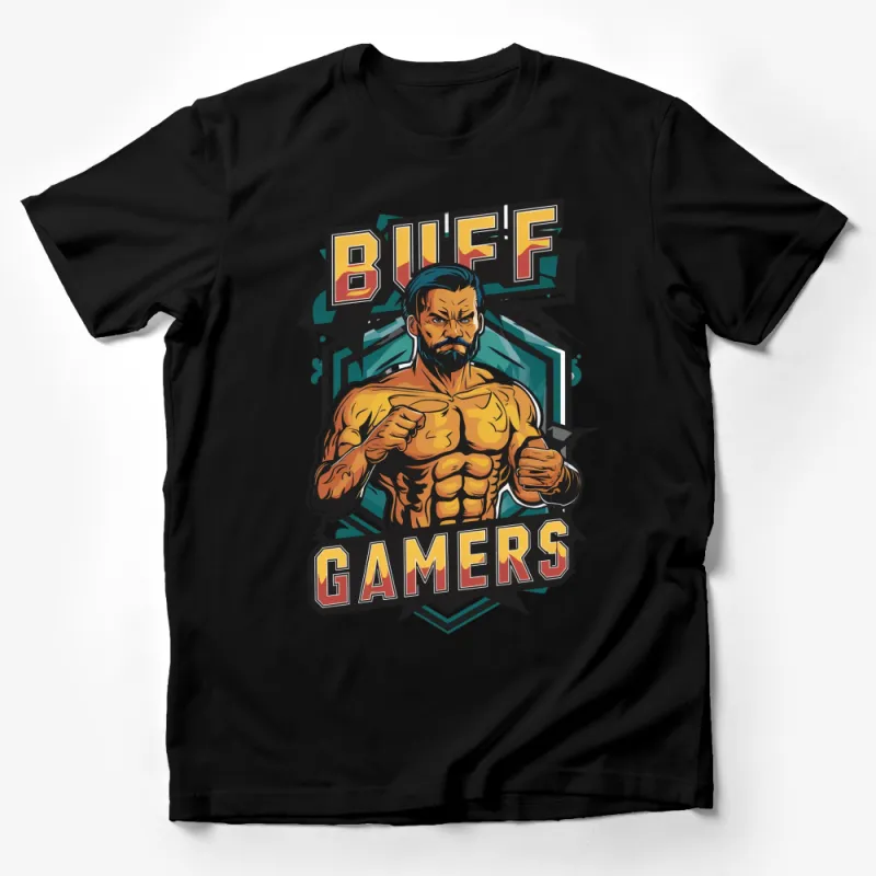 Bold Buff Gamers Graphic T-Shirt, Muscular Man Cartoon, Fitness Gaming Apparel Male T-Shirt