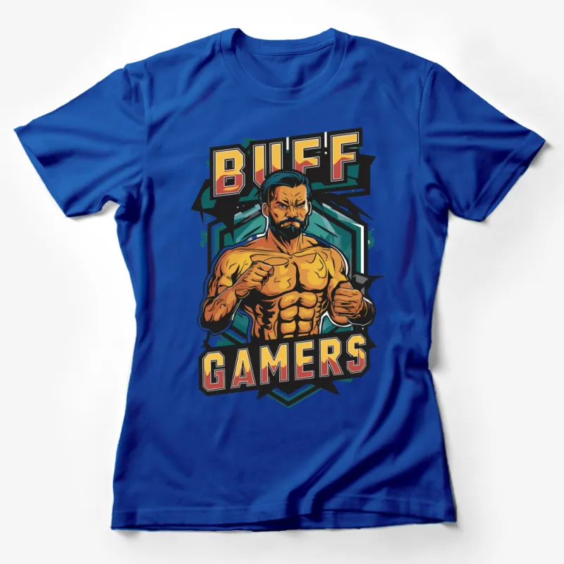 Bold Buff Gamers Graphic T-Shirt, Muscular Man Cartoon, Fitness Gaming Apparel Female T-Shirt