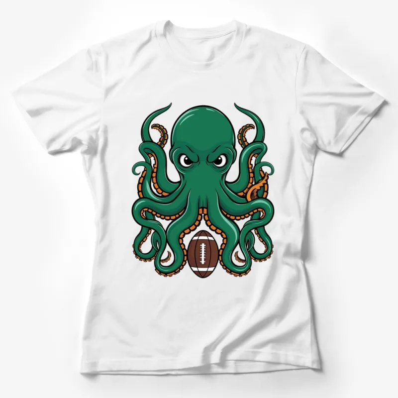 Green Octopus Football Player Graphic T-Shirt, Unique Ocean Creature Sports Tee, Unisex Apparel Female T-Shirt