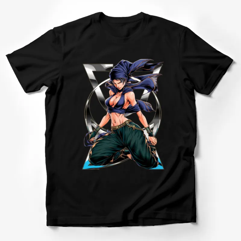 Anime Ninja Girl T-Shirt, Blue Headband Warrior Graphic Tee, Stylish Female Fighter, Casual Streetwear Male T-Shirt