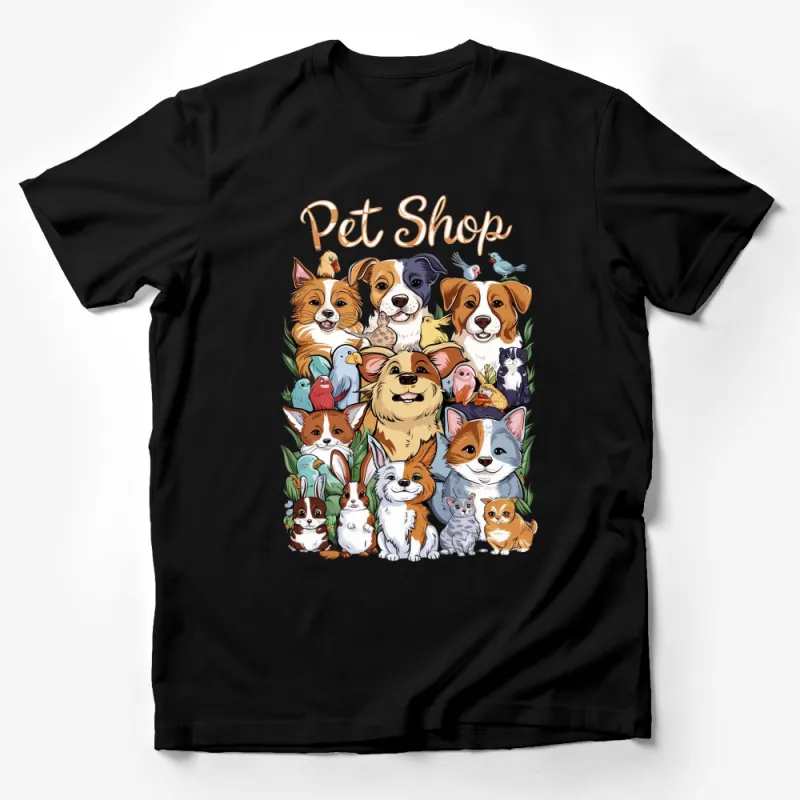 Pet Shop Cute Animals T-Shirt, Colorful Dogs, Cats, Birds Graphic Tee, Unisex Male T-Shirt