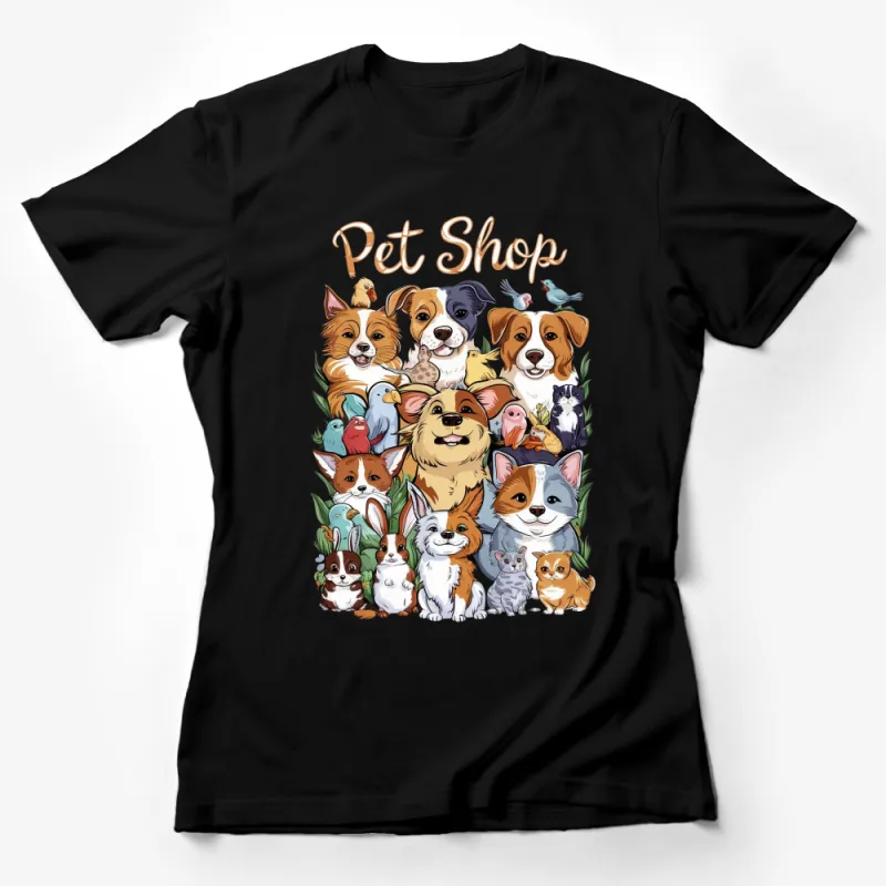 Pet Shop Cute Animals T-Shirt, Colorful Dogs, Cats, Birds Graphic Tee, Unisex Female T-Shirt