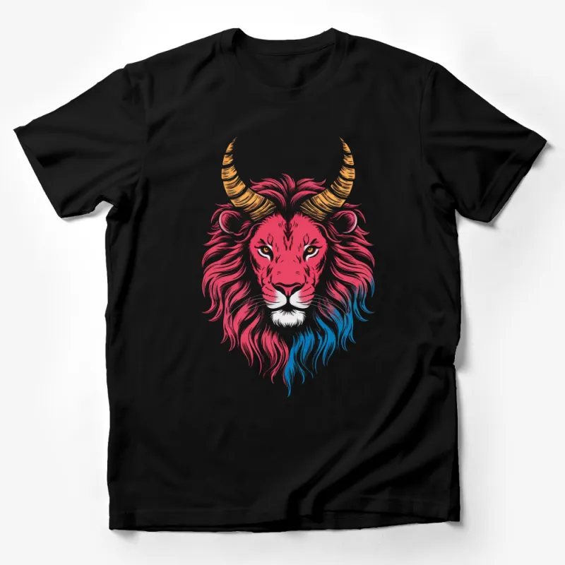 Colorful Lion Graphic T-Shirt, Red and Blue Lion Face, Artistic Animal Print Tee, Unisex Clothing Male T-Shirt