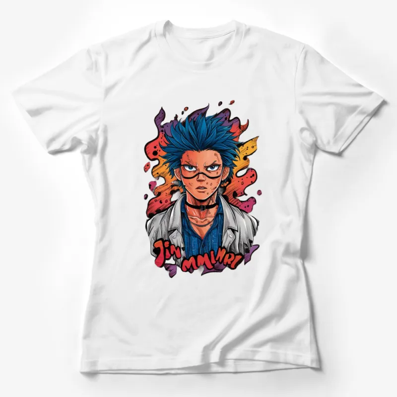 Blue-Haired Anime Character T-Shirt, Vibrant Graphic Tee, Casual Streetwear, Cool Manga Style, Unisex Apparel Female T-Shirt