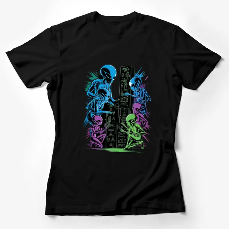 Alien Monolith T-Shirt, Cosmic Beings and Hieroglyphs Tee, Sci-Fi Style Graphic Shirt, Unisex Female T-Shirt