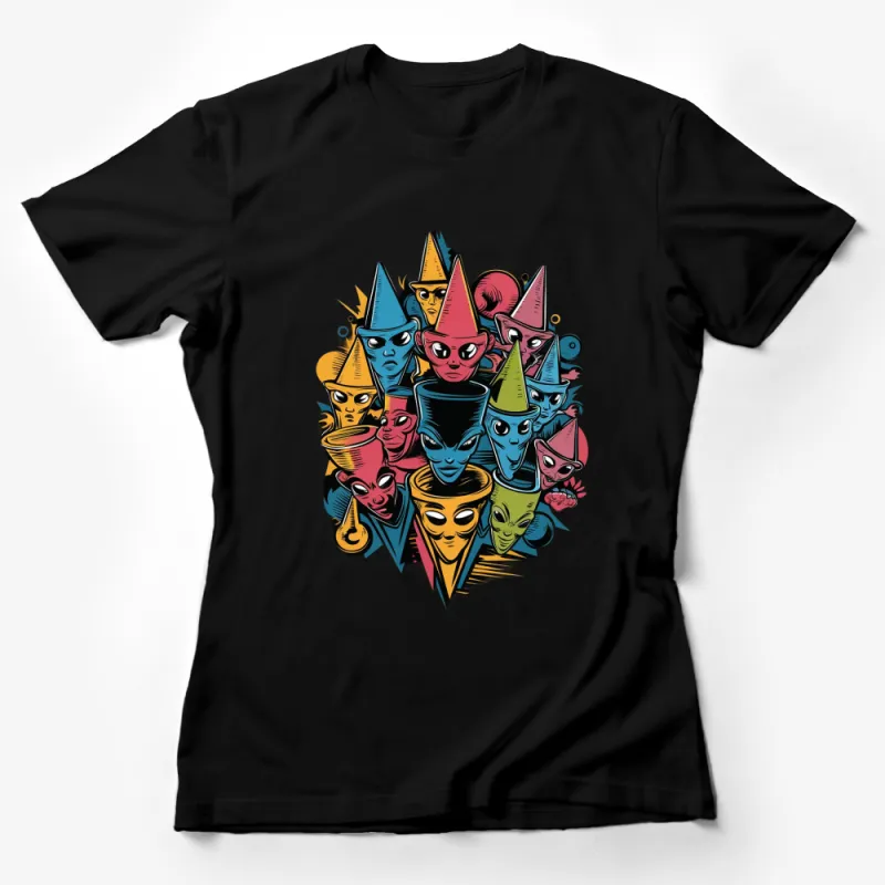 Funky Alien Faces T-Shirt, Colorful Extraterrestrial Graphic Tee, Unique UFO Lover Gift Female T-Shirt