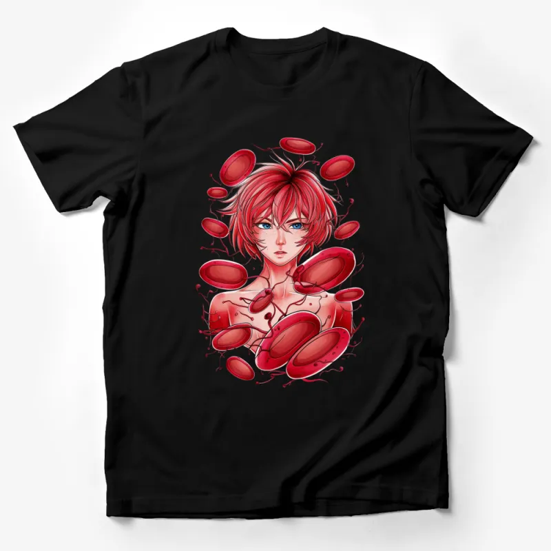 Anime Style Red Blood Cells Art T-Shirt, Unique Graphic Illustration Tee, Vibrant Anime Inspired Clothing Male T-Shirt