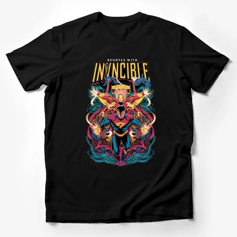 Invincible Comic Hero Graphic Tee, Vibrant Superhero T-Shirt, Bold Colors, Fan Merchandise Male T-Shirt