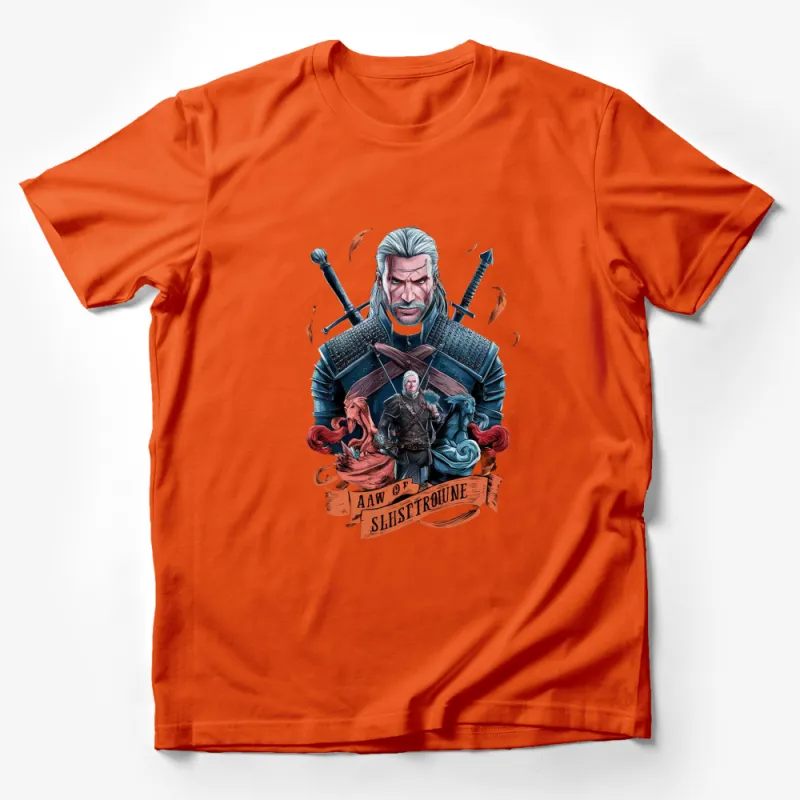 Epic Fantasy Warrior Graphic T-Shirt, Medieval Knight Swords and Fire Design, Unique Men's Fashion Tee, Gift for Gamers Male T-Shirt