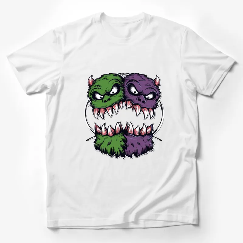 Two-Headed Monster Cartoon Graphic Tee, Colorful Cute Beast T-Shirt, Unisex Casual Wear Male T-Shirt