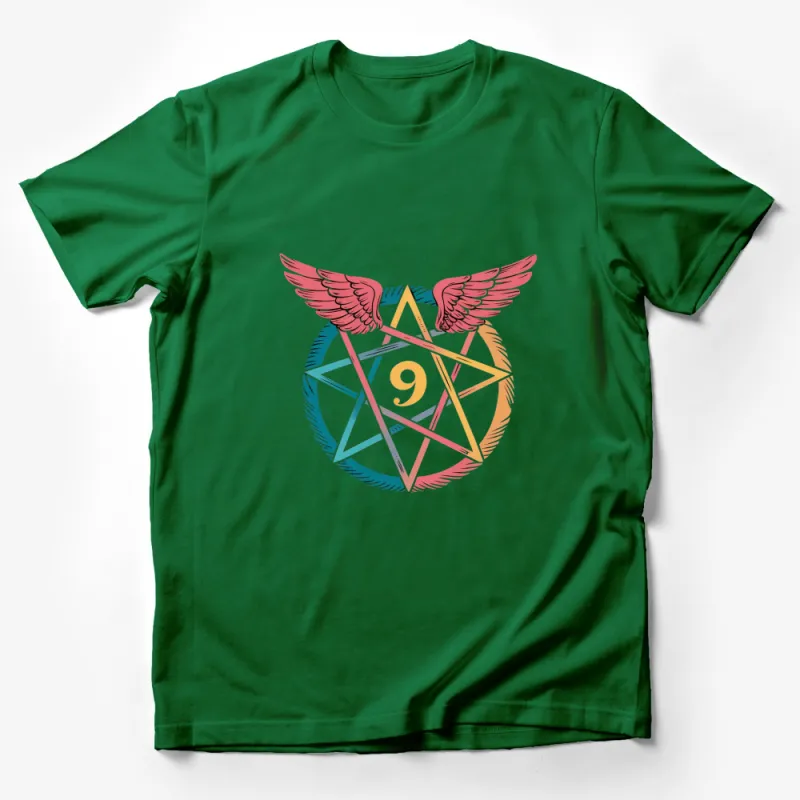 Mystical Number 9 with Wings and Geometric Patterns T-Shirt, Colorful Unique Design Male T-Shirt