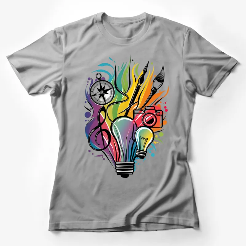 Colorful Creative Arts Graphic T-Shirt, Paint Brushes, Camera, Light Bulb Design Female T-Shirt