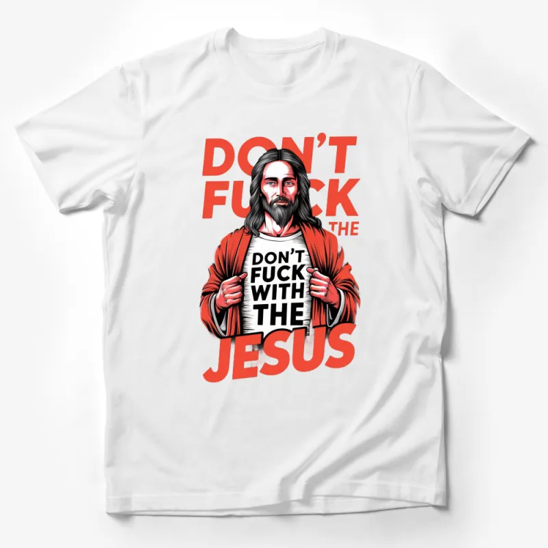 Bold Graphic T-Shirt, Jesus in Red Jacket, Orange Text, Edgy Statement Tee, Unisex Tee Design, Streetwear Style Male T-Shirt