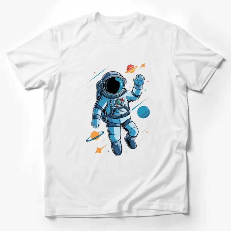 Astronaut Waving Cartoon Space Tee, Cute Planetary Graphic T-Shirt, Unisex Adult and Kids Sizes Male T-Shirt