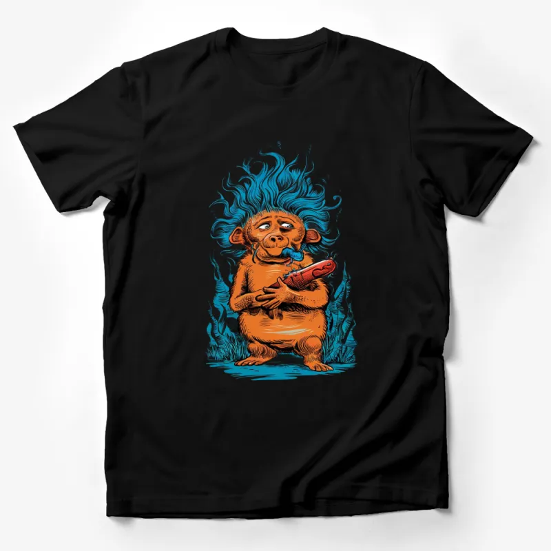 Funky Monkey with Blue Flames Graphic T-Shirt, Cool Urban Animal Art Tee, Unique Gift Male T-Shirt