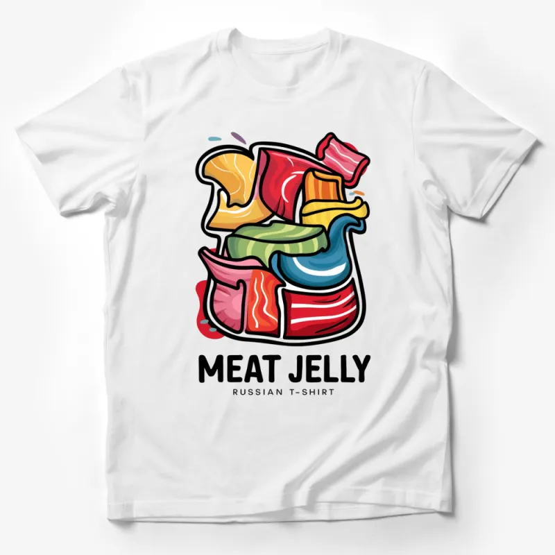 Colorful Meat Jelly Russian T-Shirt, Bold Graphic Art Tee, Unique Abstract Design Top Male T-Shirt