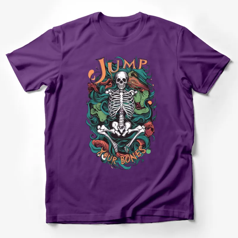 Skeleton Graphic T-Shirt Jump Your Bones Cool Retro Skull Tee, Vibrant Unisex Apparel, Casual Streetwear Male T-Shirt