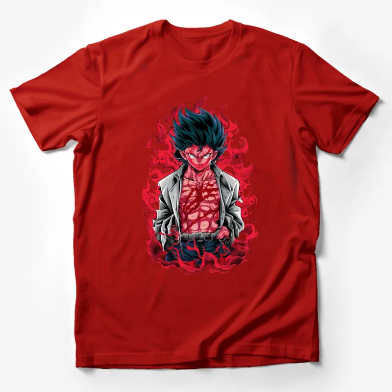 Anime Style Fiery Blue-Haired Character Graphic T-Shirt, Bold Red Flames Design, Unisex Tee Male T-Shirt