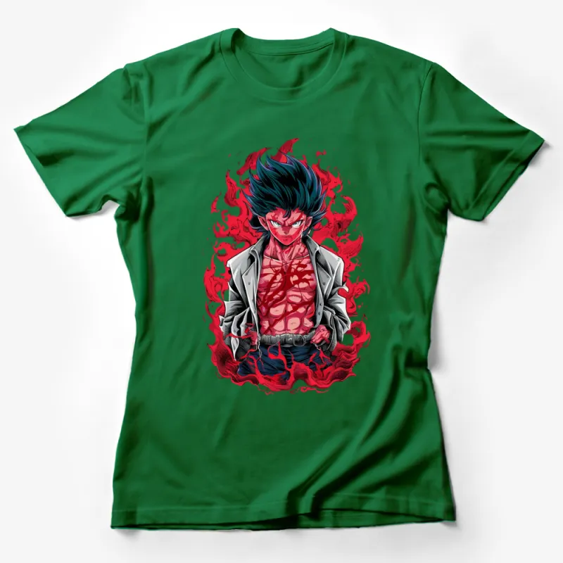 Anime Style Fiery Blue-Haired Character Graphic T-Shirt, Bold Red Flames Design, Unisex Tee Female T-Shirt