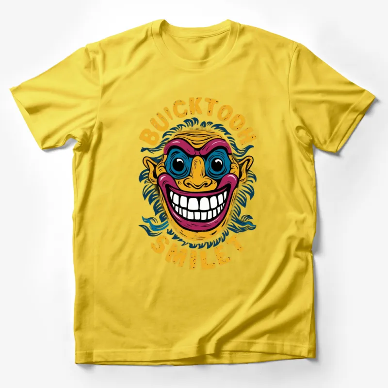 Colorful Buicktooth Smile Graphic T-Shirt, Fun Cartoon Face Tee, Quirky Humorous Apparel, Unisex Male T-Shirt