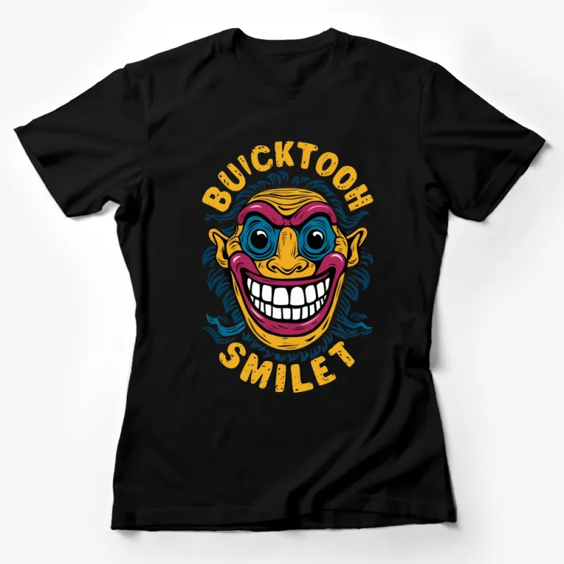 Colorful Buicktooth Smile Graphic T-Shirt, Fun Cartoon Face Tee, Quirky Humorous Apparel, Unisex Female T-Shirt