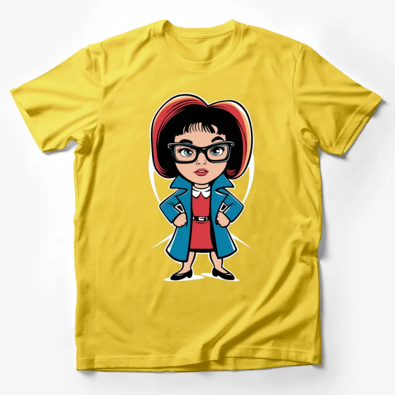 Retro Fashion Girl T-Shirt, Vintage Style Cartoon Character, Chic Geeky Outfit, Bold Colors Male T-Shirt