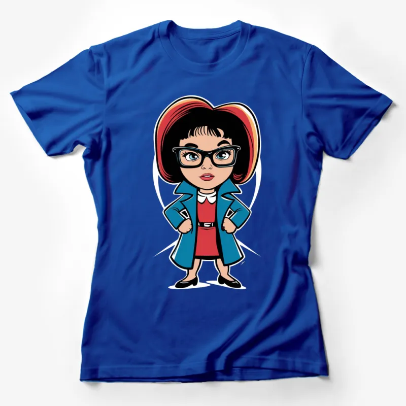 Retro Fashion Girl T-Shirt, Vintage Style Cartoon Character, Chic Geeky Outfit, Bold Colors Female T-Shirt