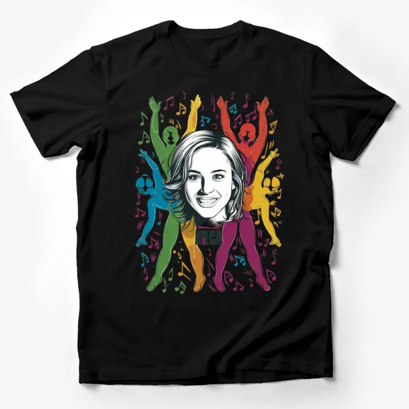 Colorful Dancing Figures Music Festival T-Shirt, Vibrant Party Graphic Tee with Female Portrait Male T-Shirt