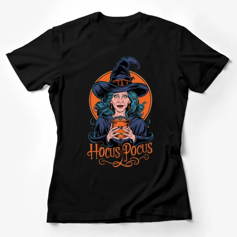 Hocus Pocus Witch Graphic T-Shirt, Halloween Witch with Cauldron, Spooky Season Apparel, Unique Fall Festival Clothing Female T-Shirt