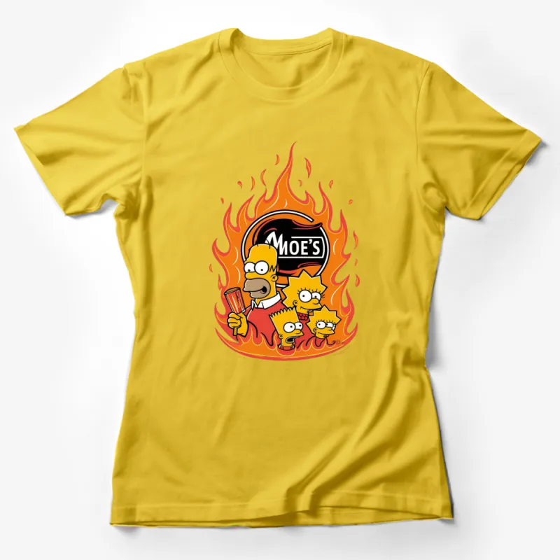 Simpsons T-Shirt, Moe's Tavern, Homer, Lisa, Bart with Fire, Unisex Apparel Female T-Shirt