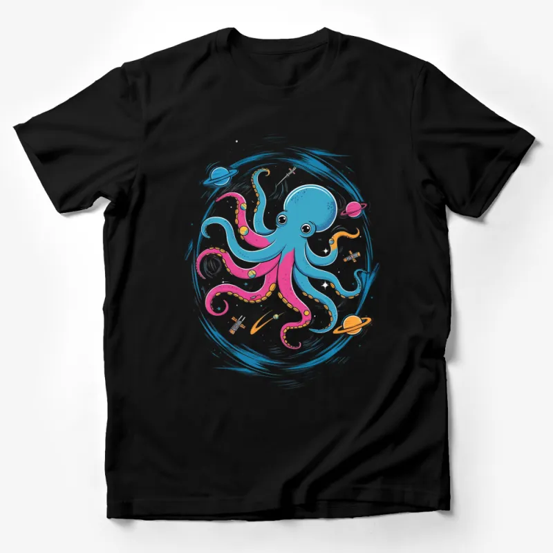 Colorful Octopus Space Adventure Graphic T-Shirt, Unisex Casual Wear, Vibrant Sea Creature Design Male T-Shirt