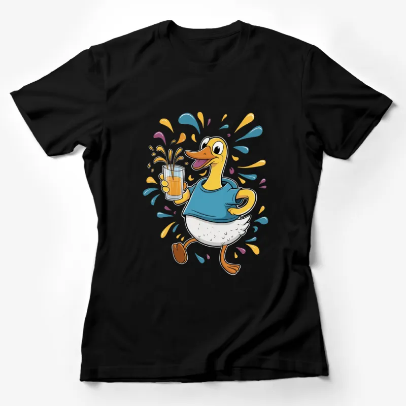 Duck Cartoon T-Shirt, Funny Duck Drinking Juice Graphic Tee, Colorful Summer Splash Design Female T-Shirt