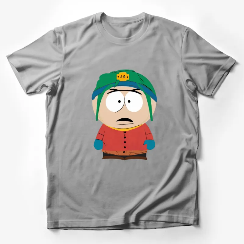 Cartoon Character T-Shirt, Green Hat, Red Shirt, Funny Graphic Tee, Casual Style Top Male T-Shirt