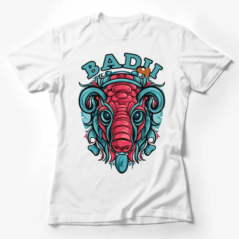 Unique Badu Bull T-Shirt, Vibrant Red and Blue Design, Artistic Graphic Tee for All Ages Female T-Shirt