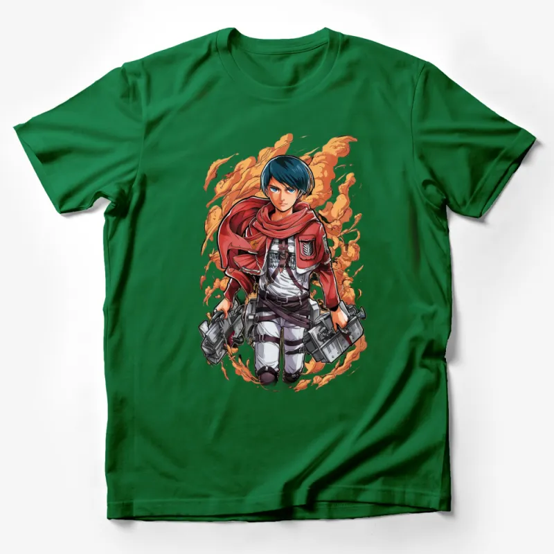 Anime Style Warrior with Dual Guns and Fiery Background, Unisex Graphic T-Shirt Male T-Shirt