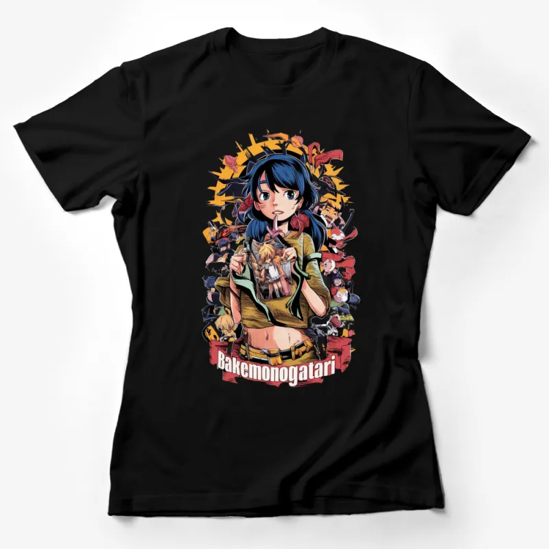 Bakemonogatari Anime T-Shirt, Colorful Character Collage, Unique Graphic Tee for Anime Fans Female T-Shirt