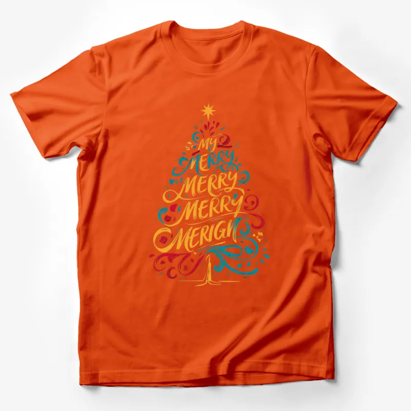 Colorful Merry Christmas Tree Typography T-Shirt, Festive Holiday Apparel, Unisex Adult Tee Male T-Shirt